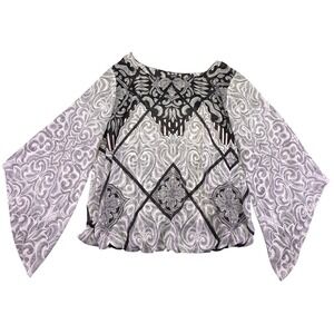 Alfani Blouse Shirt Women's Size 2X Black White Paisley Bell Sleeve Bubble Hem